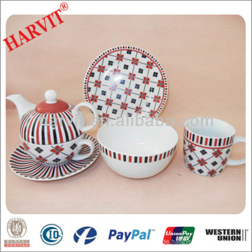 Moderne geometrische Design Black &amp; Red Lines Abziehbild Tee Sets / China Geschirr Hersteller Porzellan Teekanne Tasse Plate / English Tea Set